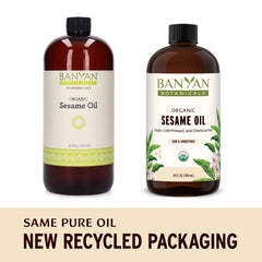 Banyan Botanicals sesame oil in amber glass highlights purity and quality.