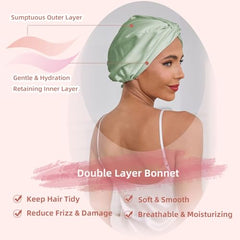 Close-up of double-layer silk satin bonnet showing enhanced protection and durability.