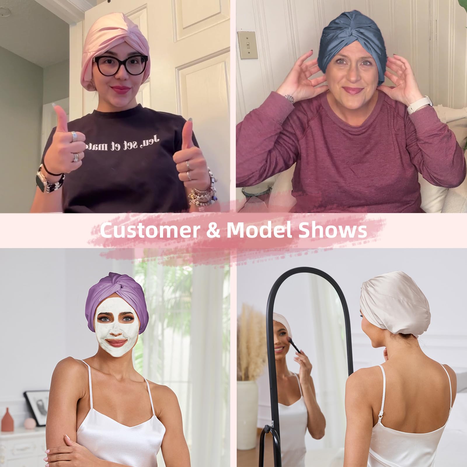 Baqzqudnl sleep bonnet ready for bedtime routine to prevent frizz and tangles.