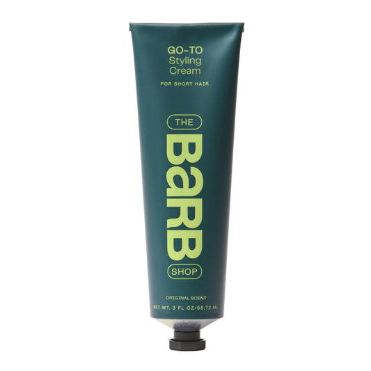 The Barb Shop Barb Styling Cream soft hold on all hair types for light texture.
