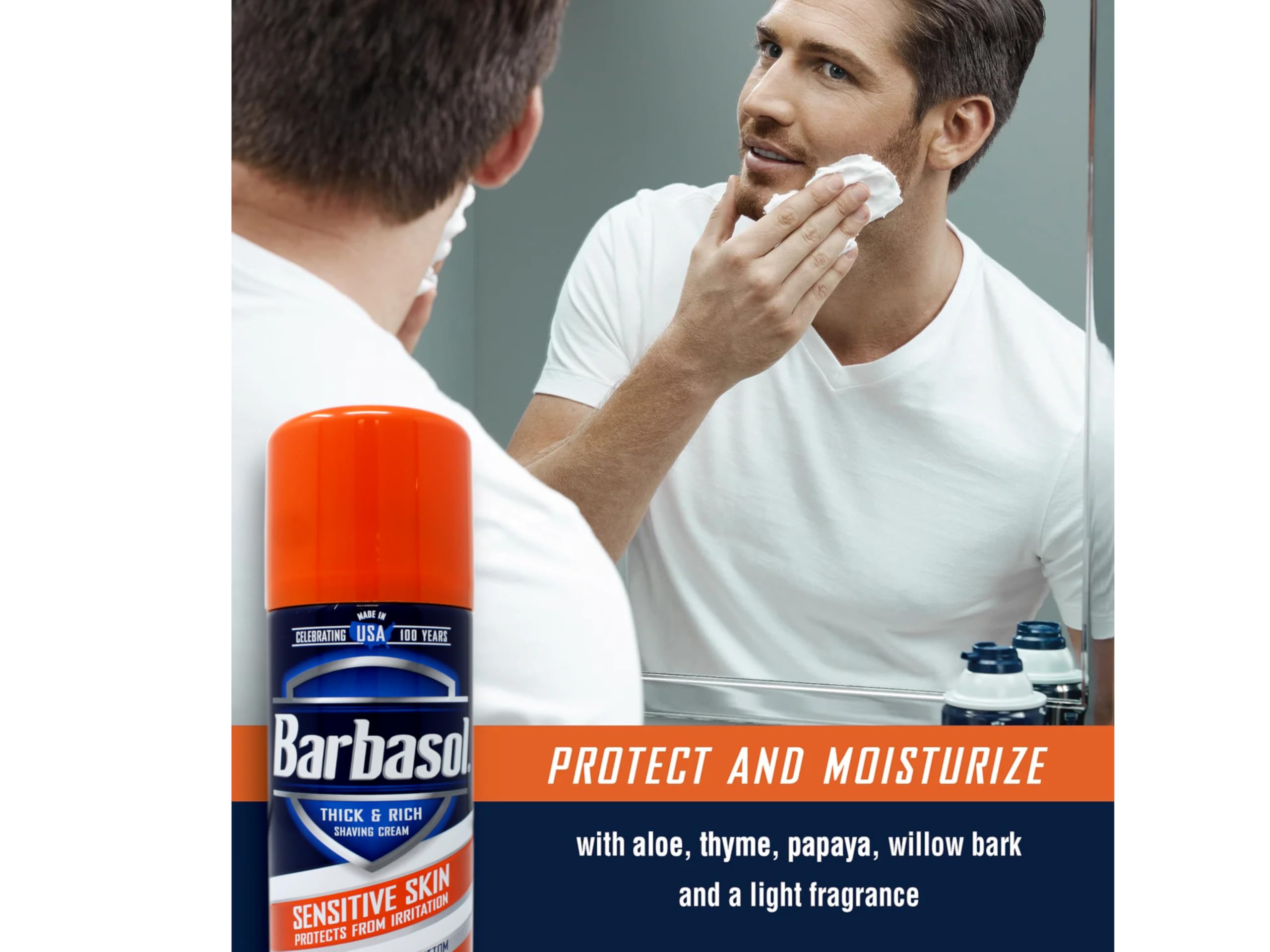 Barbasol 3-pack display on shelf highlights long-lasting value