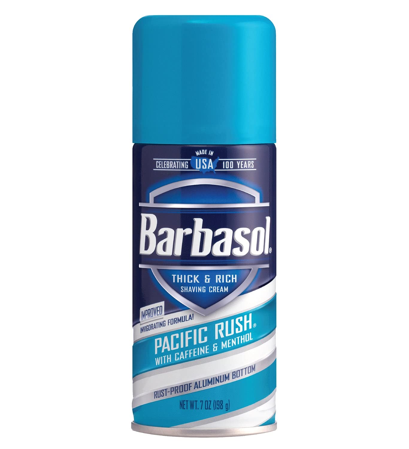 Barbasol Pacific Rush 3-pack can front, convenient daily shaving.