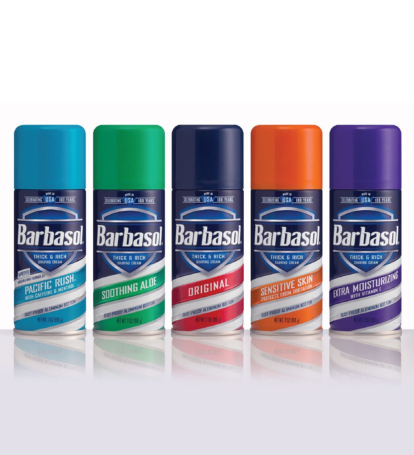 Barbasol Pacific Rush 3-pack display on shelf for quick grab.