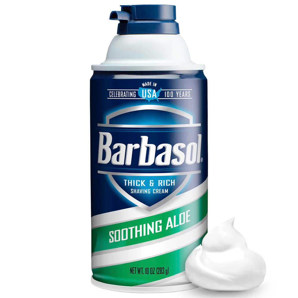 Barbasol shaving cream container highlights aloe formula for moisturized, irritated-free skin.