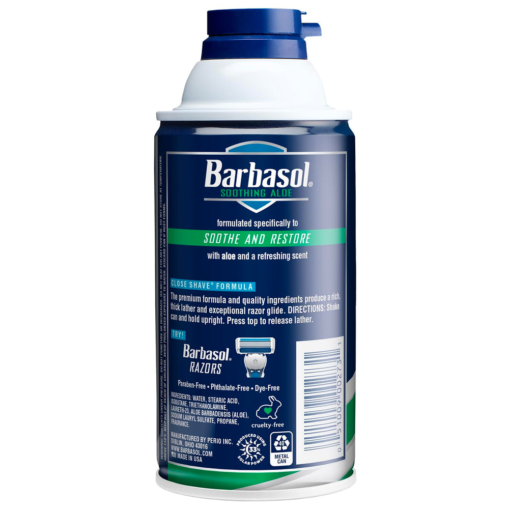 Barbasol Soothing Aloe is applied on the face for a smooth, controlled shave.