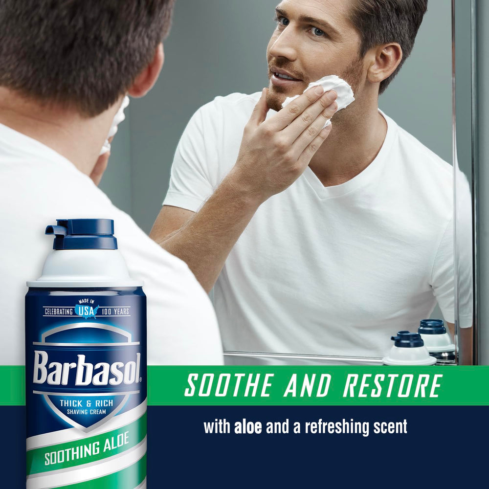 Barbasol container with thick foam demonstrates long-lasting lubrication for easy razor glide.