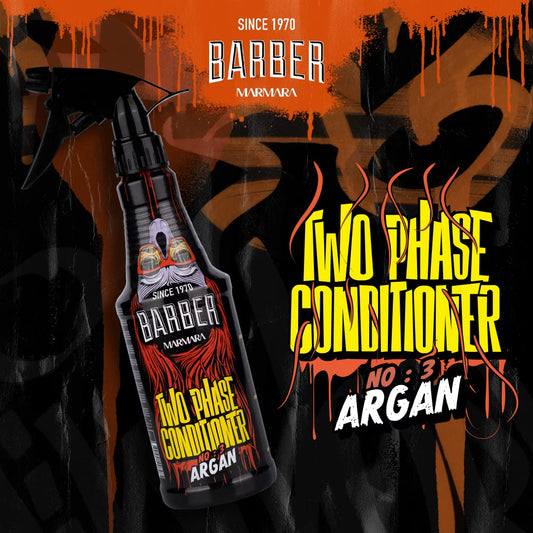Barber Marmara Leave-in Conditioner Spray No.3 Argan bottle close-up highlighting damaged-hair care.