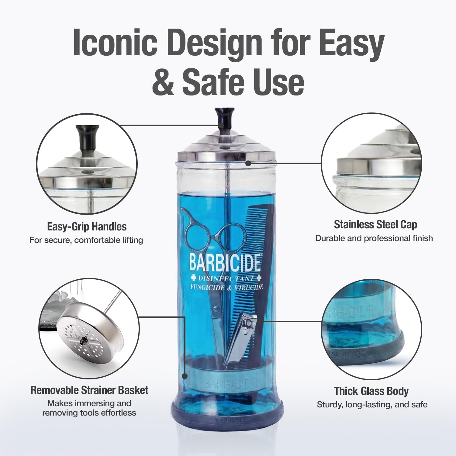 BARBICIDE disinfecting jar easy-grip handle offers controlled, splash-free tool immersion