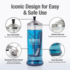 BARBICIDE disinfecting jar easy-grip handle offers controlled, splash-free tool immersion