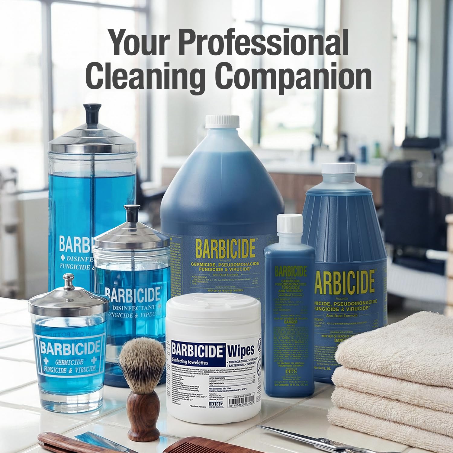 BARBICIDE disinfecting jar on the salon counter supports ready-to-use tools between clients