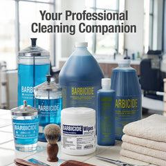BARBICIDE disinfecting jar on the salon counter supports ready-to-use tools between clients