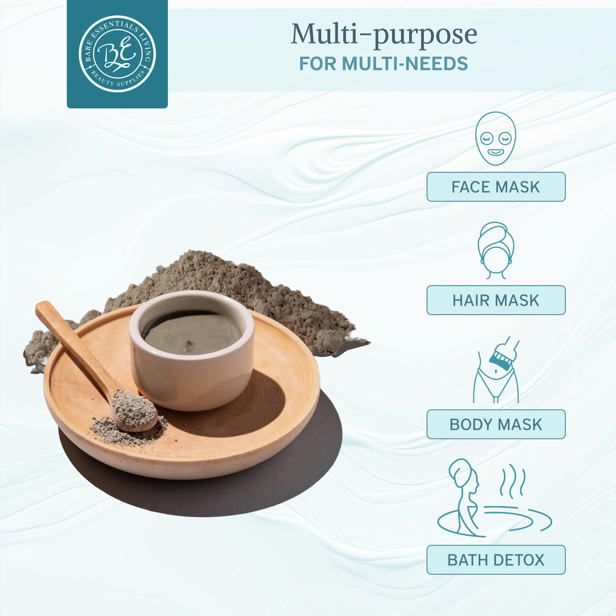 Bare Essentials Living bentonite clay powder mixes with water for a smooth mask.