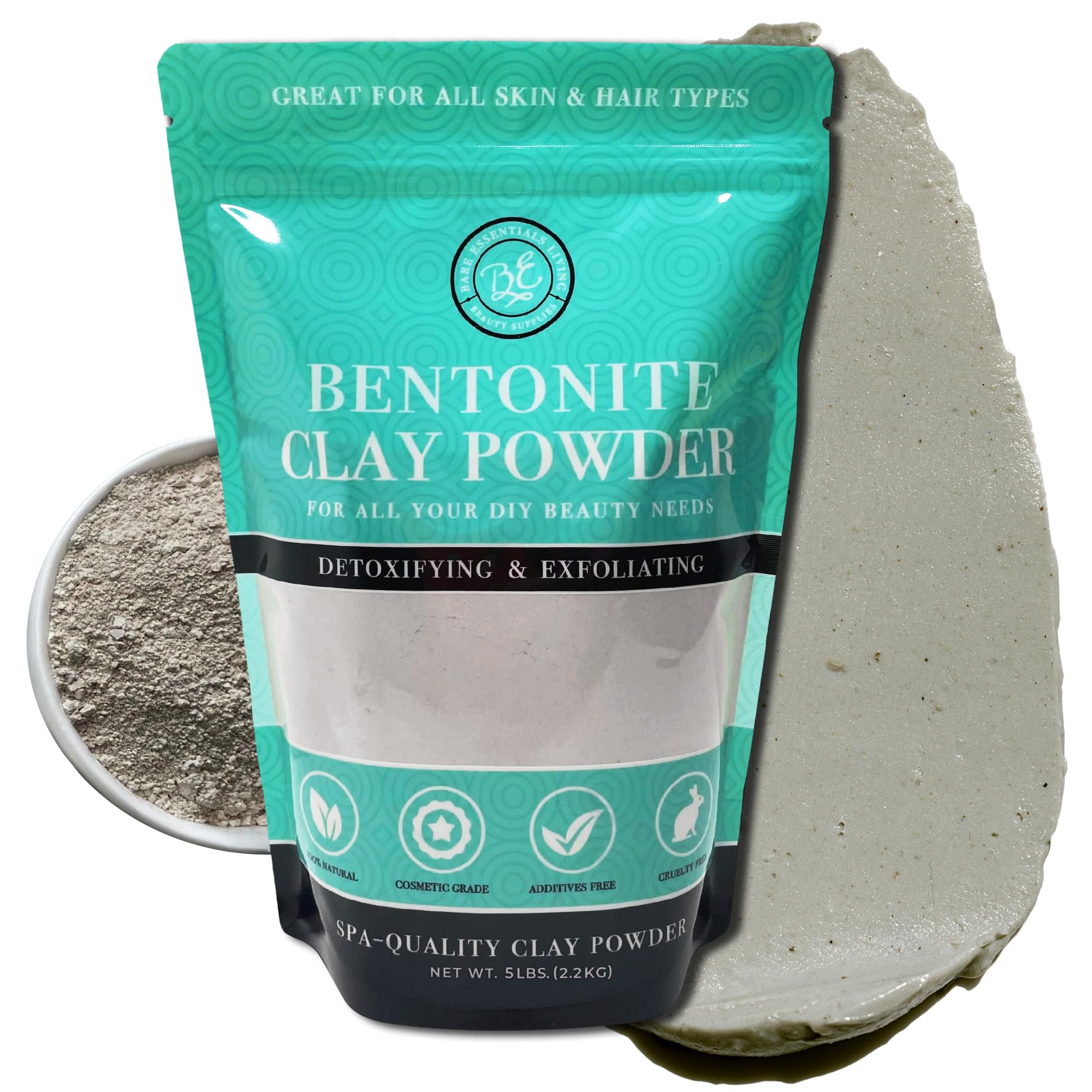 Bare Essentials Living Bentonite clay powder pack shot for detox and skincare