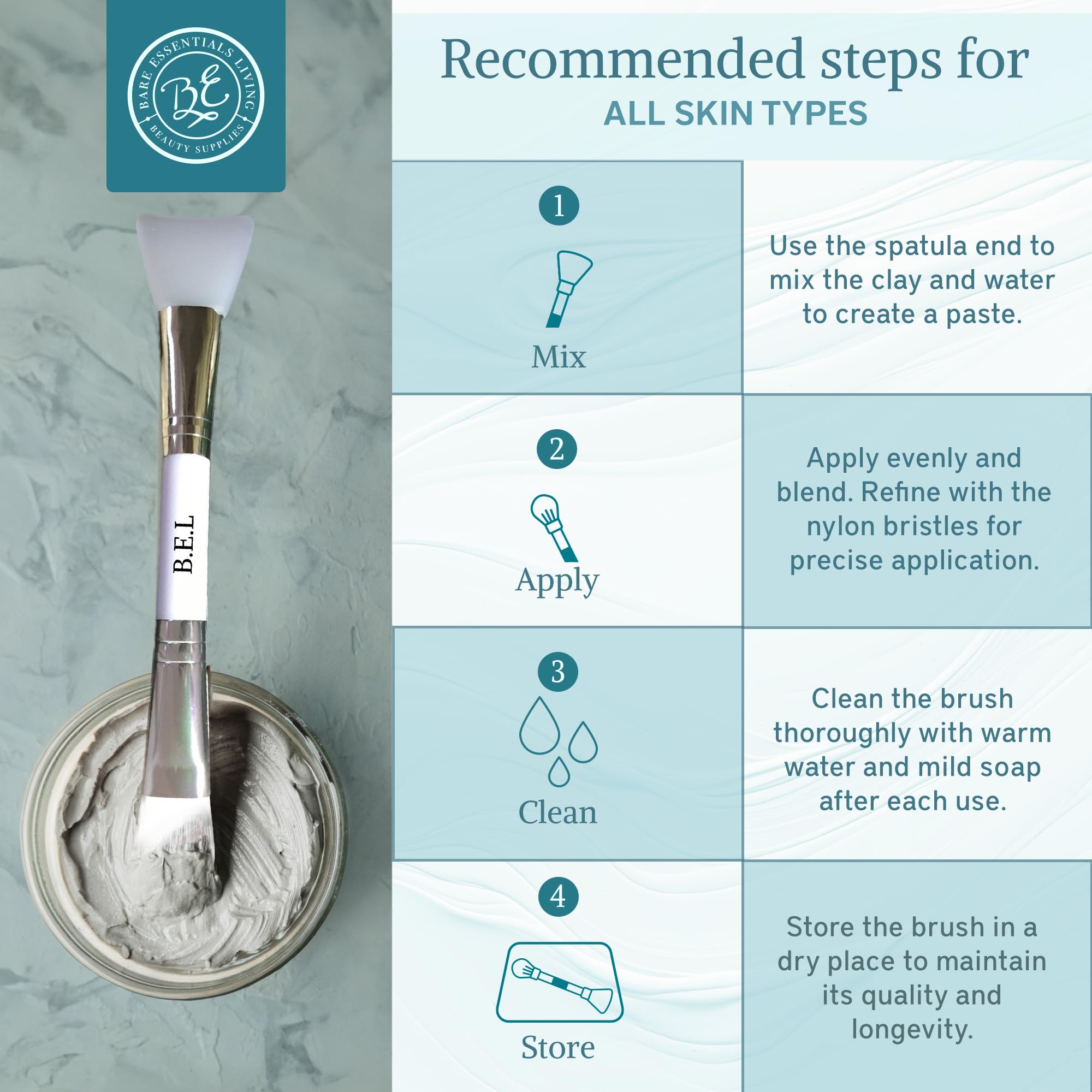 Bare Essentials Living ideal for facial masks, mud masks, creams, and gels during home spa sessions.