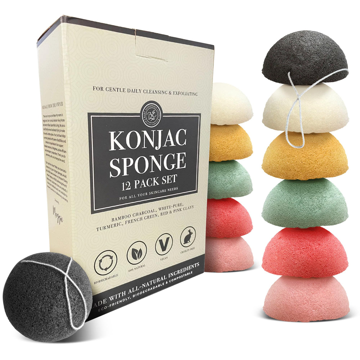Bare Essentials Living konjac sponge set 12-pack for gentle facial and body exfoliation