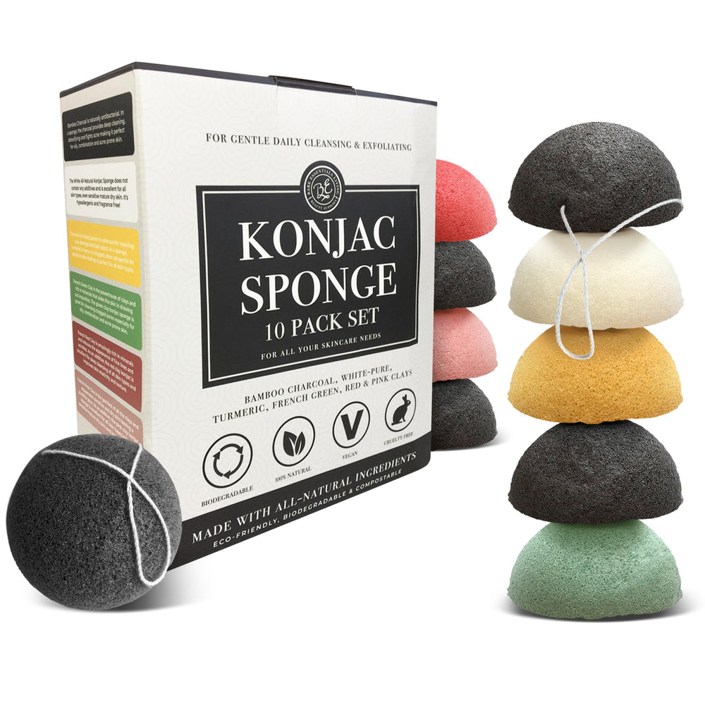 Bare Essentials Living konjac set 10pack packaging for gentle face and body cleansing.