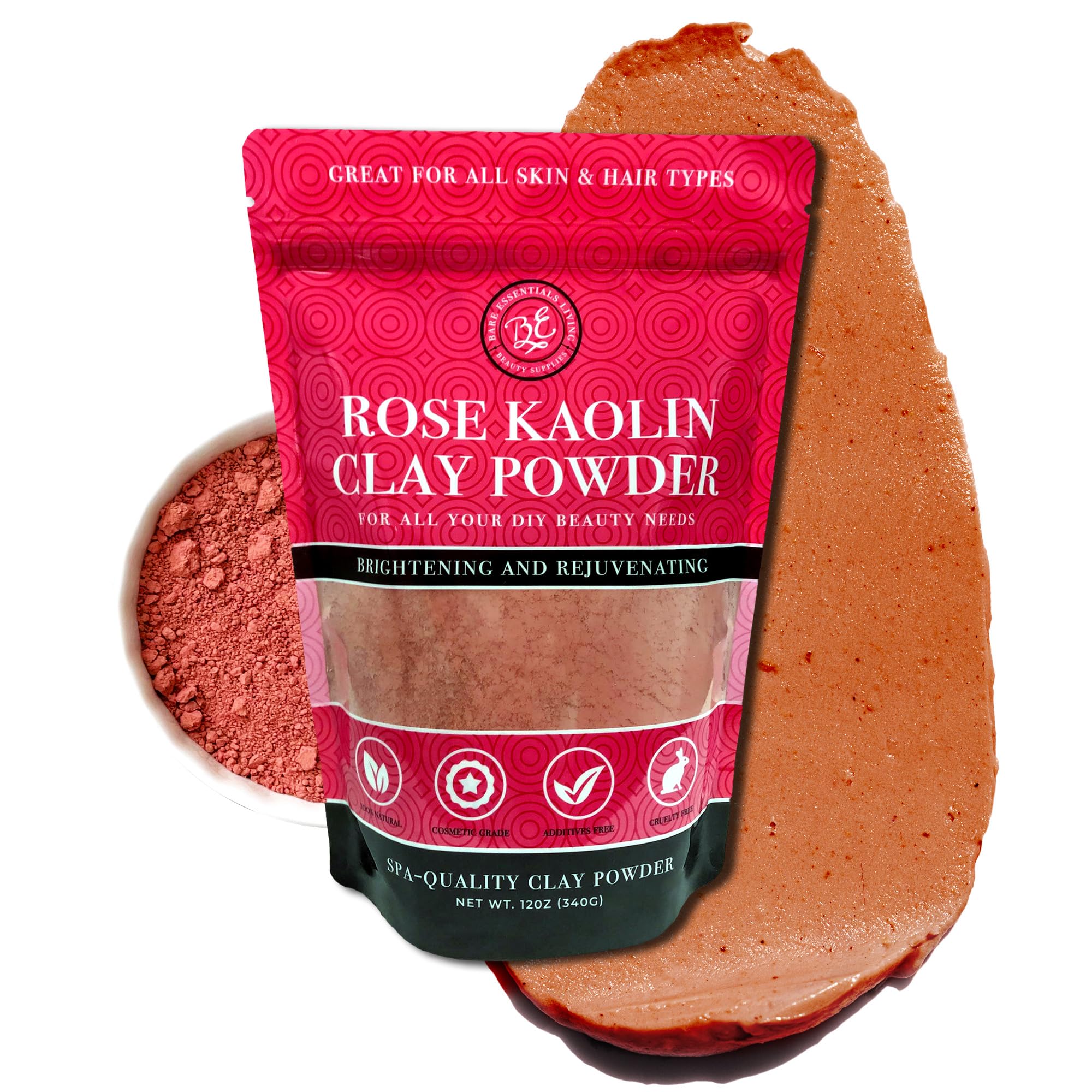 Bare Essentials Living pink kaolin clay powder bag for facial masks and DIY skincare