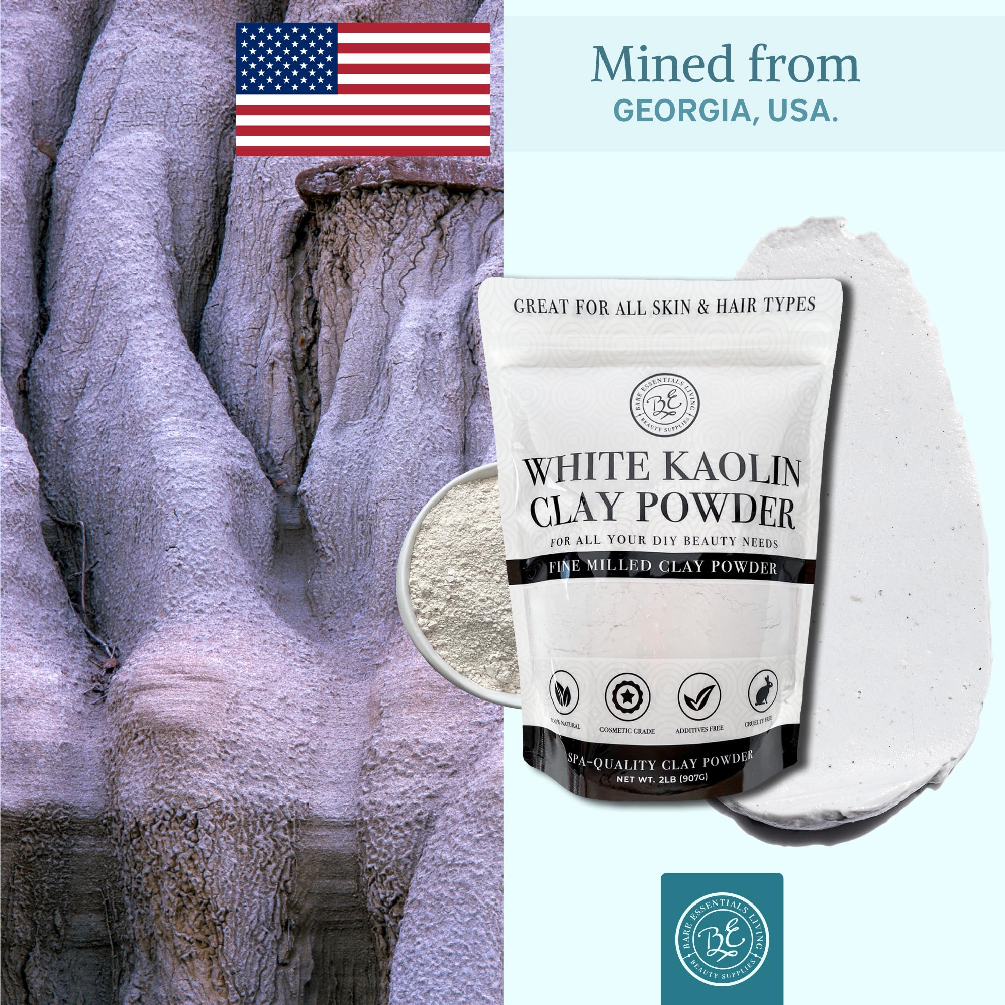 Bare Essentials Living white kaolin clay powder supports multi-use body care and skincare routines.