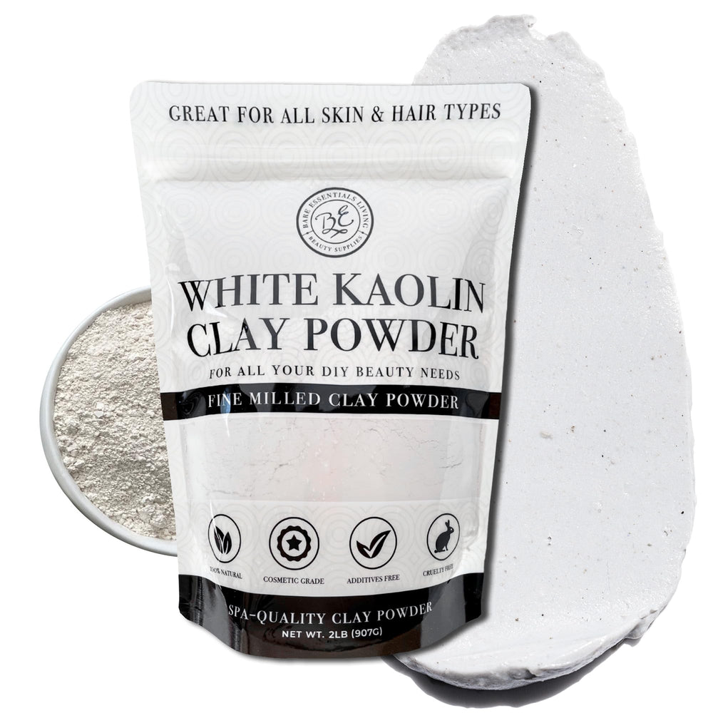 Bare Essentials Living white kaolin clay powder 2lb packaging, natural cosmetic-grade for DIY beauty projects.