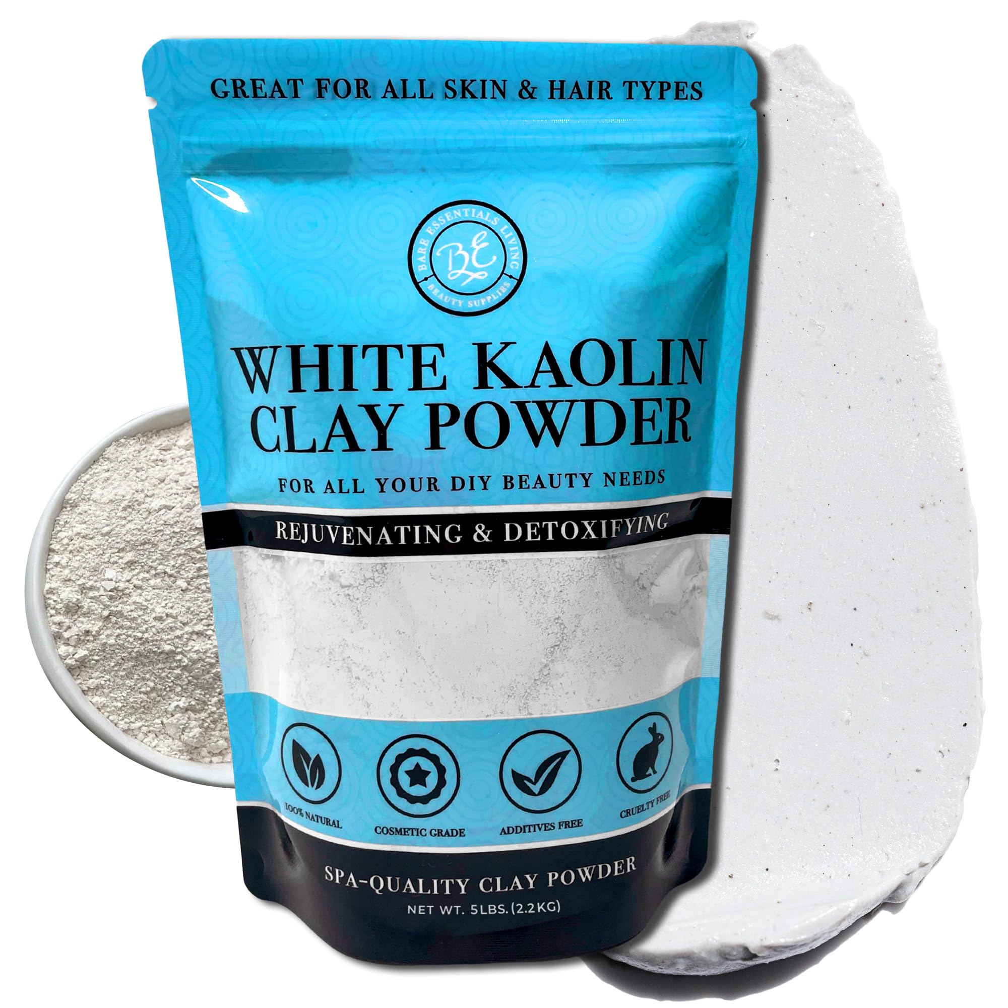 Bare Essentials Living white kaolin clay powder packaging, 5 lb bag, ideal for DIY projects.