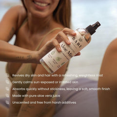 Bare Botanics aloe spray mist applied to skin for quick absorption.
