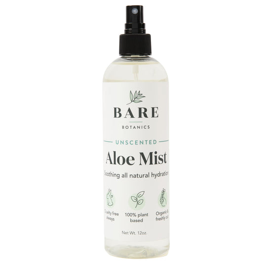 Bare Botanics unscented aloe spray bottle front view for instant hydration.