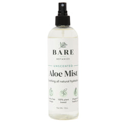 Bare Botanics unscented aloe spray bottle front view for instant hydration.