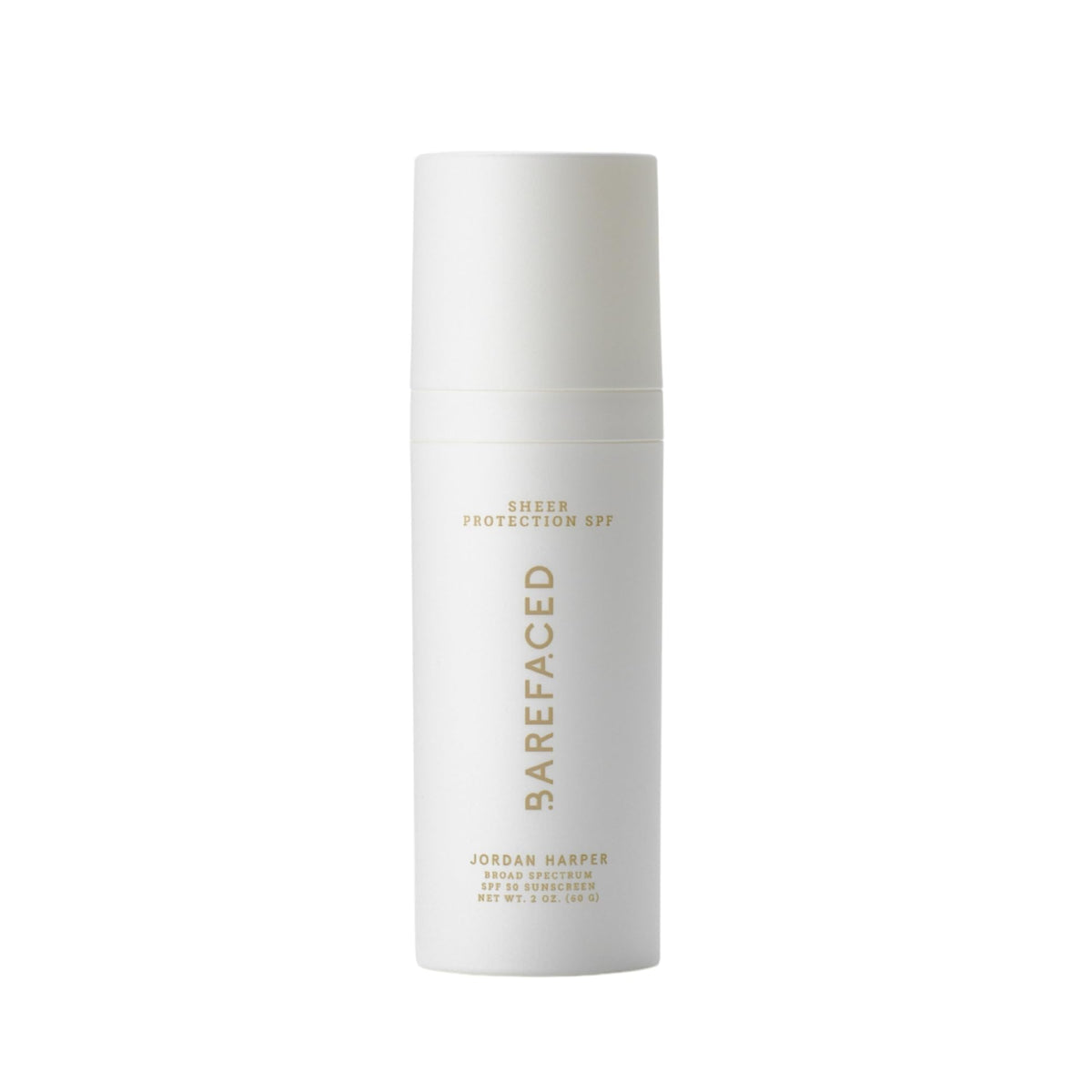 Barefaced Sheer Protection SPF 50+ bottle close-up showing a sheer, residue-free finish