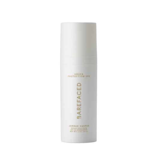 Barefaced Sheer Protection SPF 50+ bottle close-up showing a sheer, residue-free finish