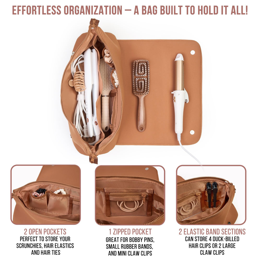 Flat iron holder integrated in Barefoot Caribou bag facilitates convenient placement