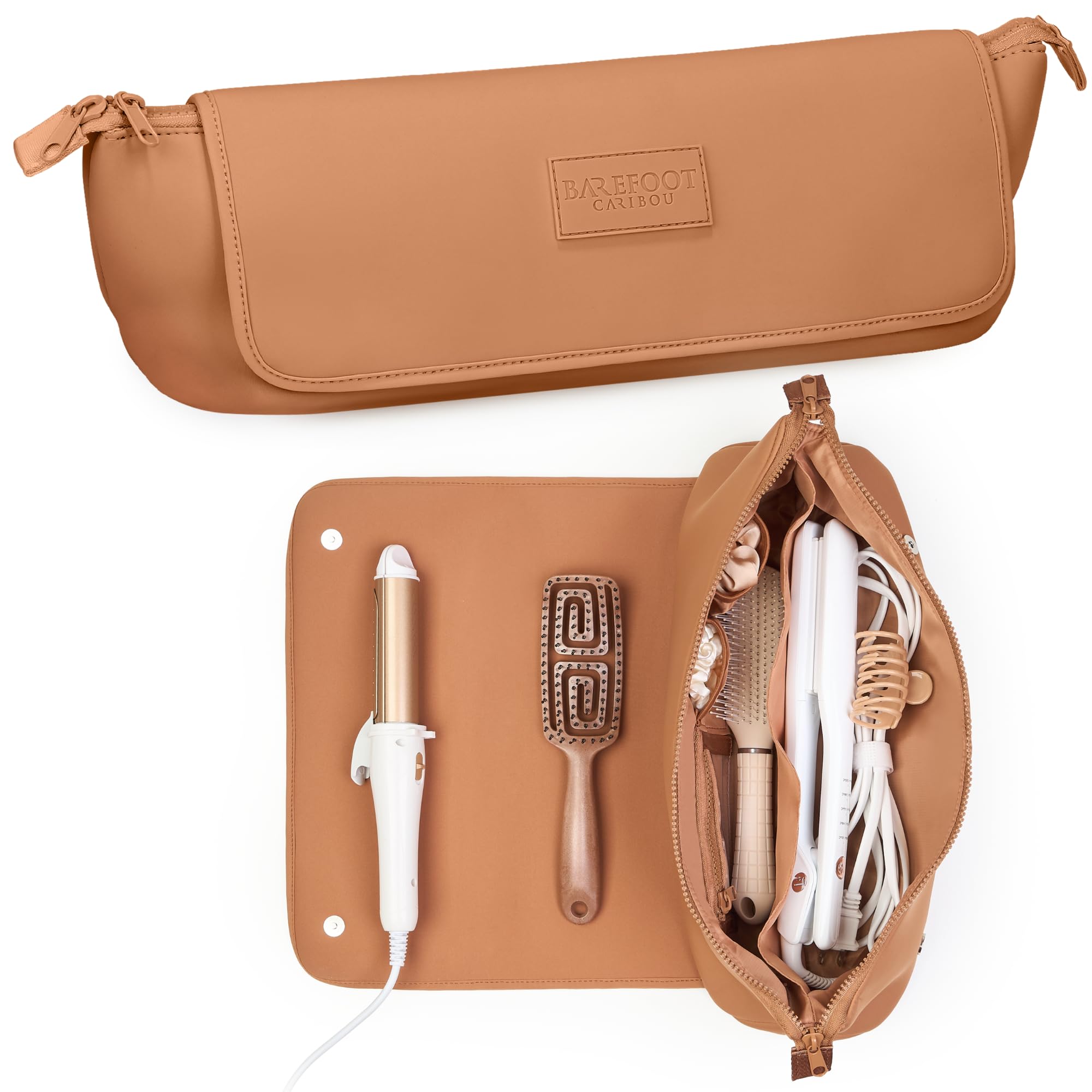 Barefoot Caribou travel bag with heat-resistant mat for safe tool placement during styling