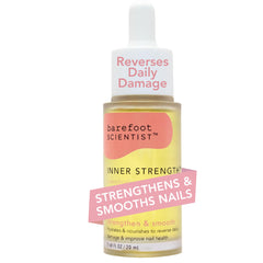 Barefoot Scientist Inner Strength bottle close-up, showcasing a nutrient-rich oil blend for healthier nails.