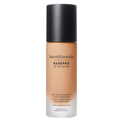 BareMinerals BarePro 24HR bottle close-up shows weightless matte finish for long wear.