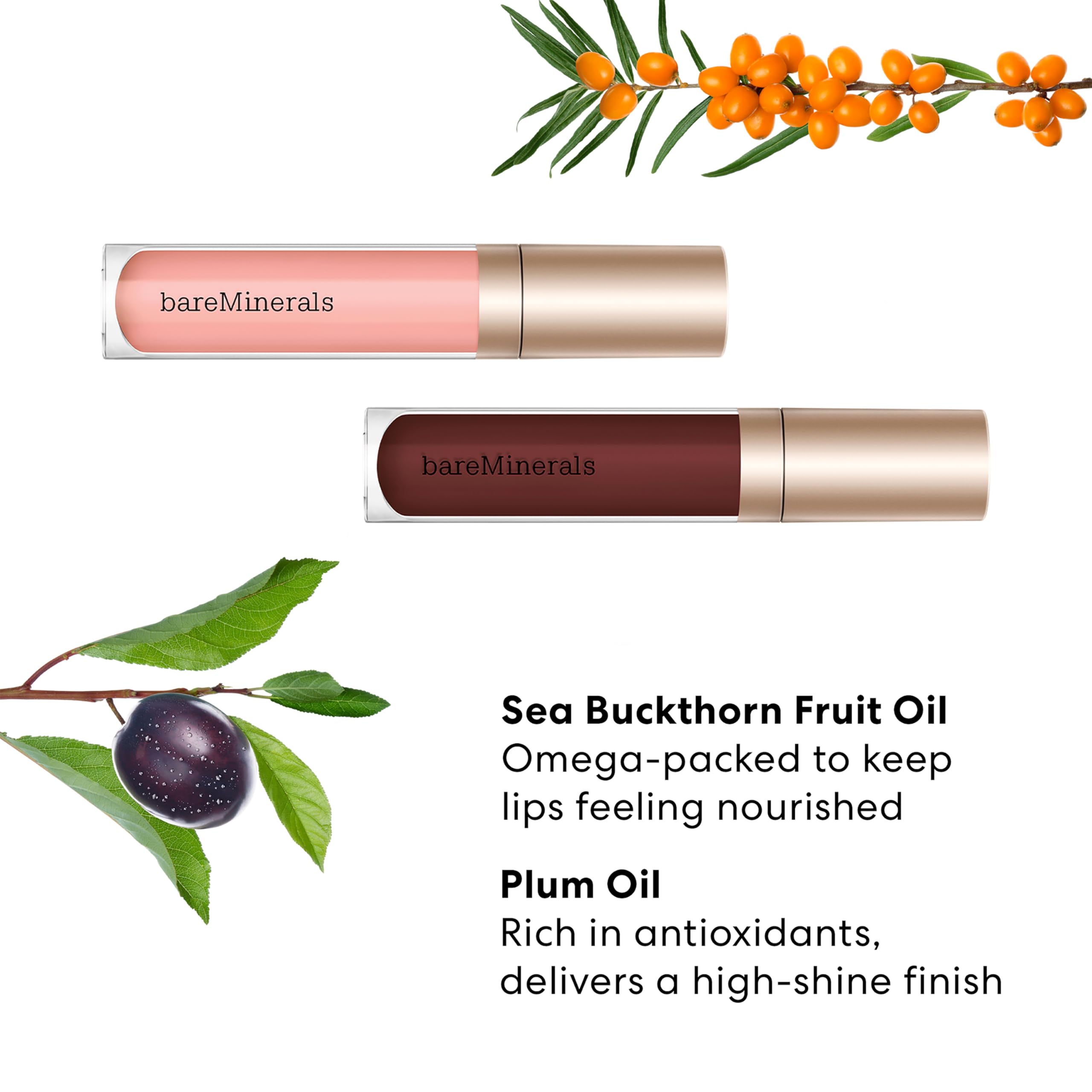 bareMinerals Mineralist Lip Gloss-Balm Cranberry swatch with vibrant, sheer color