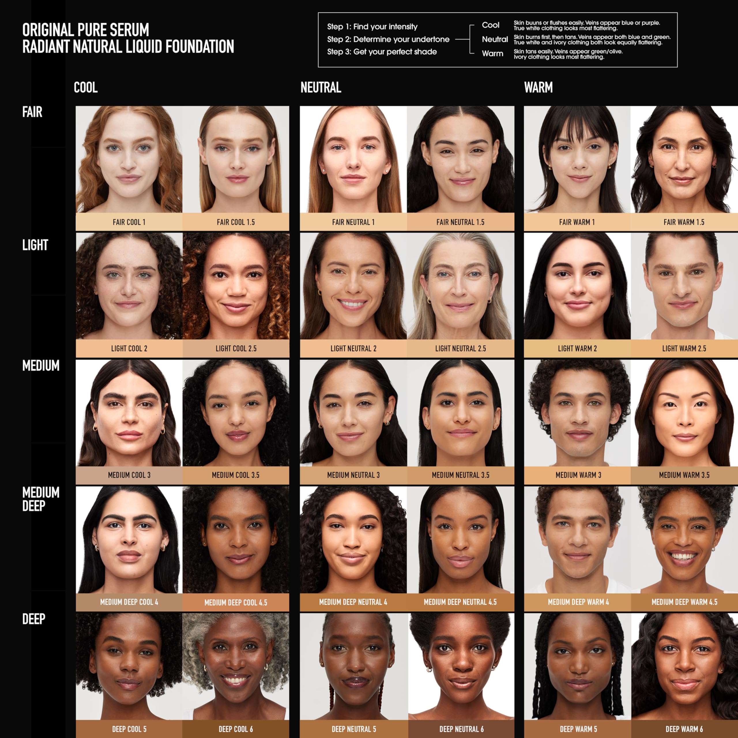 bareMinerals Original Serum Foundation medium-cool-3-5 swatches — cool undertone shades for balanced complexion.