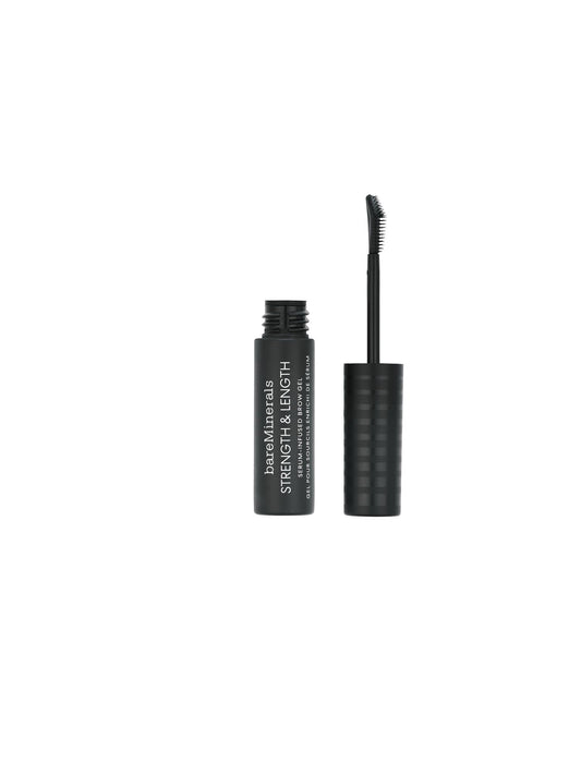 bareMinerals Strength and Length Brow Gel packaging highlights vegan serum formula for brow care