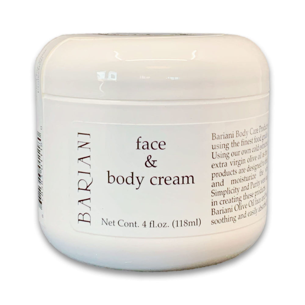 Bariani Olive Oil Face & Body Cream bottle shown for fragrance-free daily hydration.