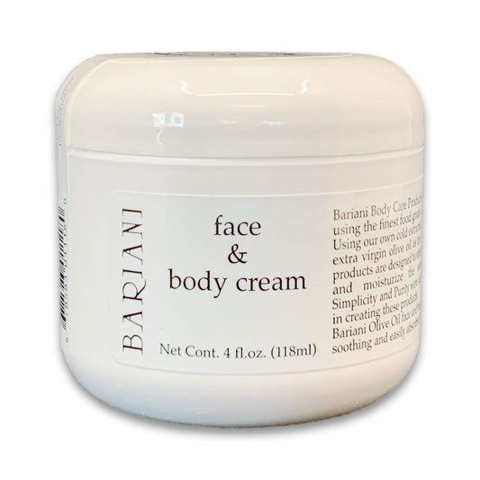 Bariani Olive Oil Face & Body Cream bottle shown for fragrance-free daily hydration.
