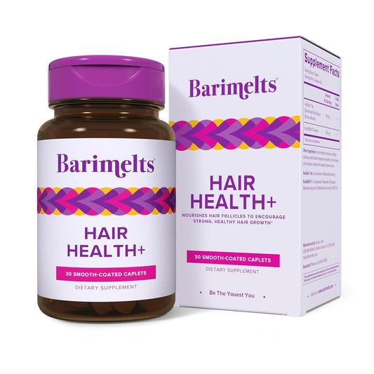 Barimelts Hair Health+ bottle with caplets for daily hair support.