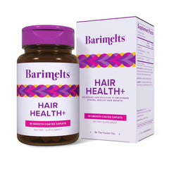 Barimelts Hair Health+ bottle with caplets for daily hair support.