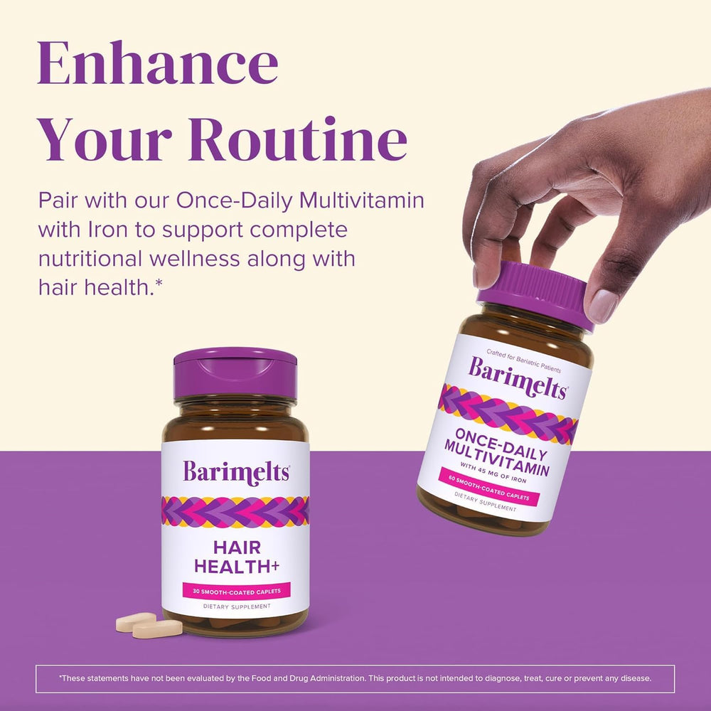 Barimelts Hair Health+ 1-month supply in a morning routine scene.