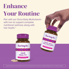 Barimelts Hair Health+ 1-month supply in a morning routine scene.