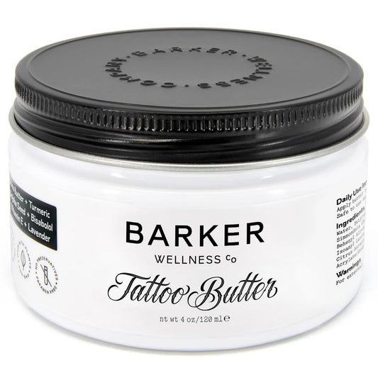 Barker Wellness Tattoo Butter bottle closeup showing a nourishing, non-greasy finish for your ink