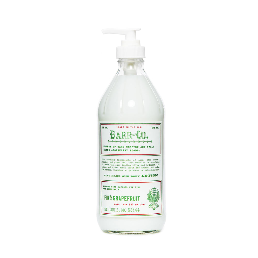 BARR-CO Fir & Grapefruit lotion bottle on vanity with hydration focus