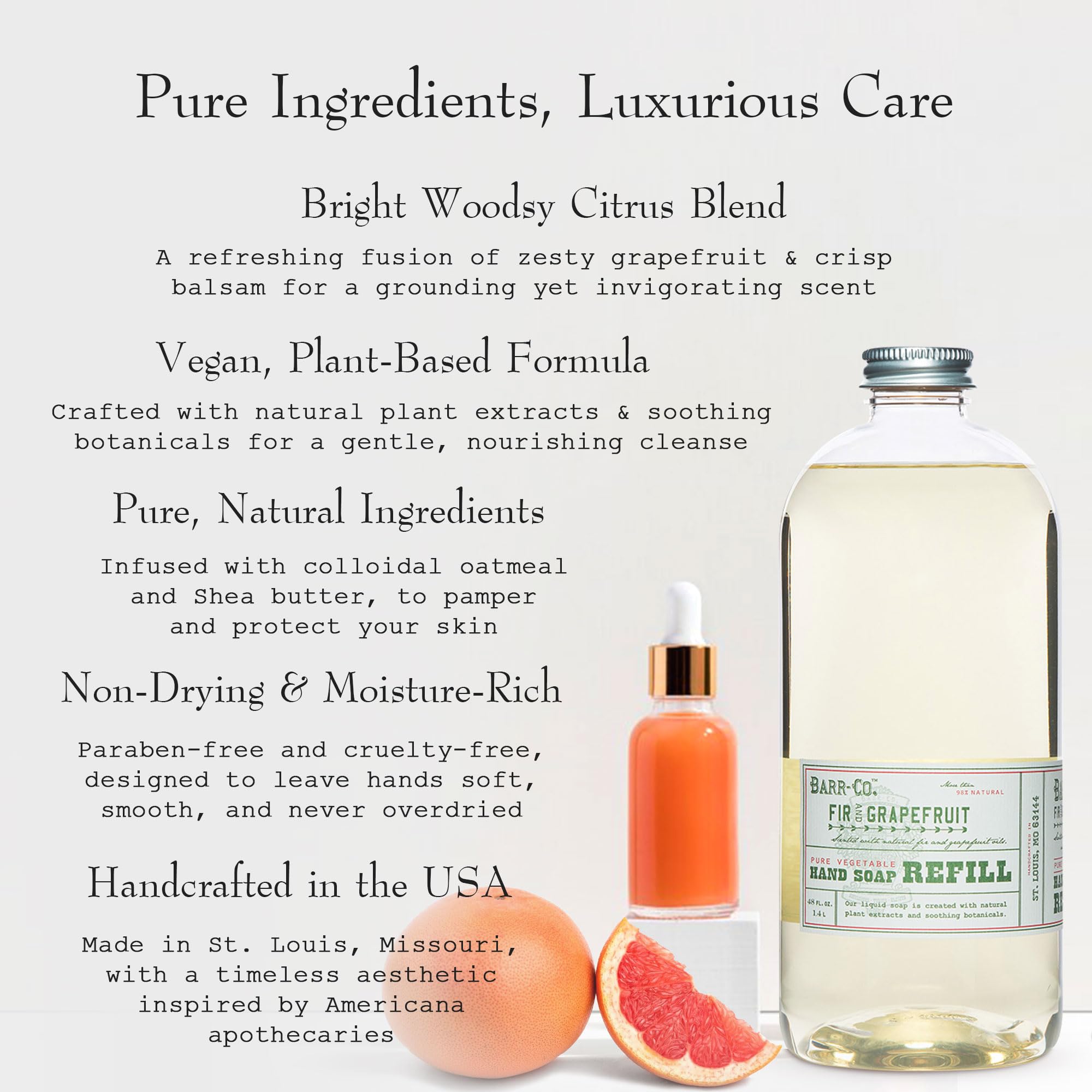 BARR-CO refill label closeup highlighting vegan, plant-based formula