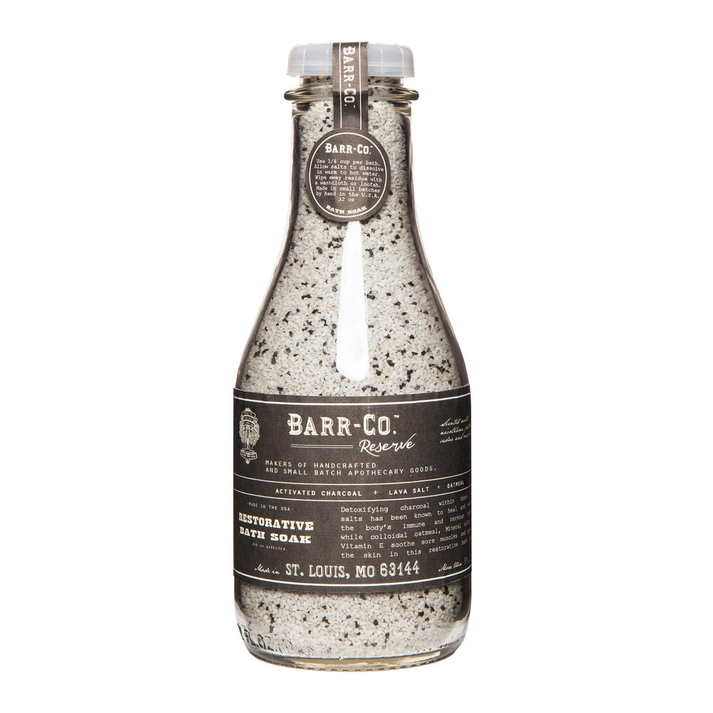 Barr-Co Reserve bath salts jar with woodsy earthy scent for a calming soak.