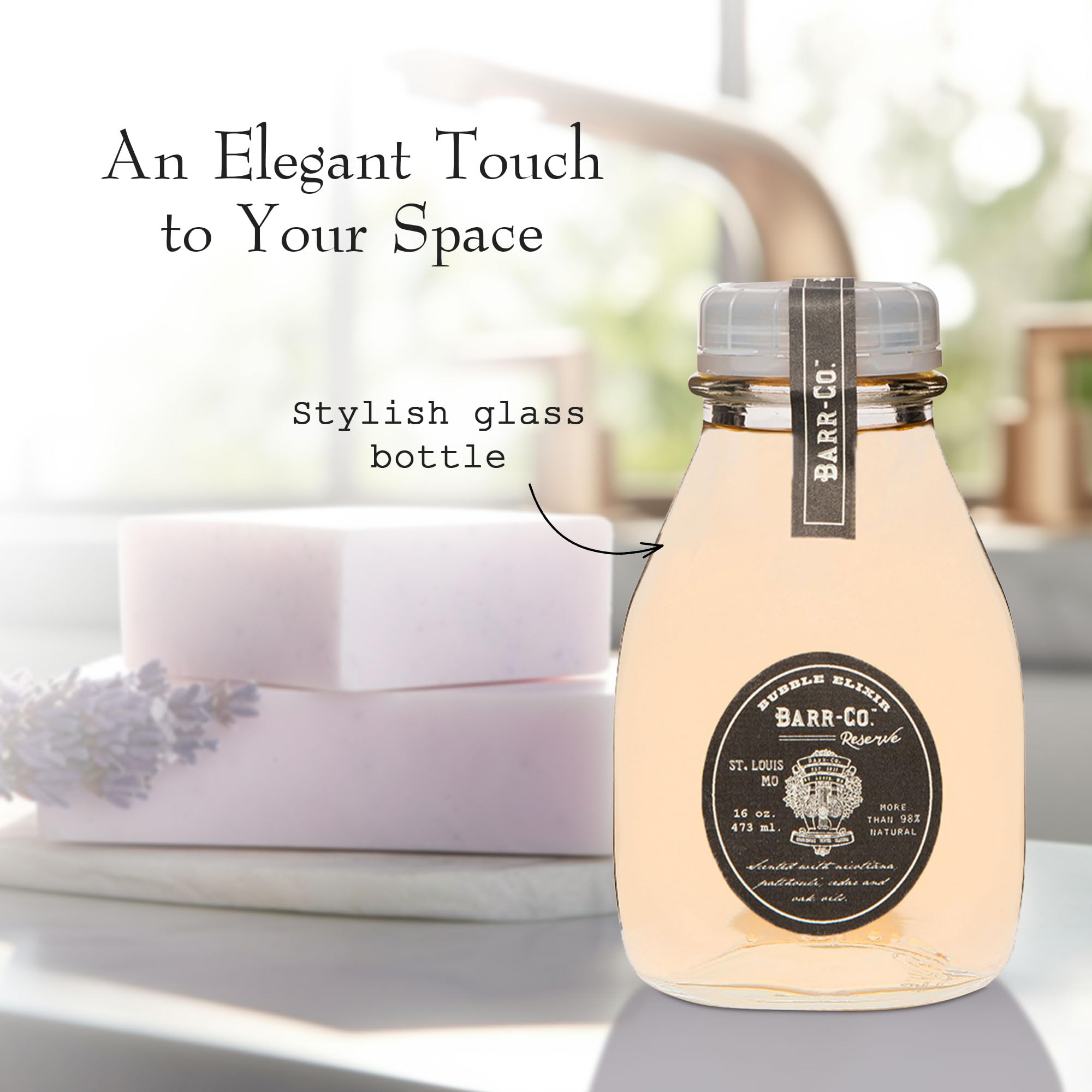Barr-Co Reserve Bubble Bath Elixir bottle highlighting cedar and oak notes for ambience.