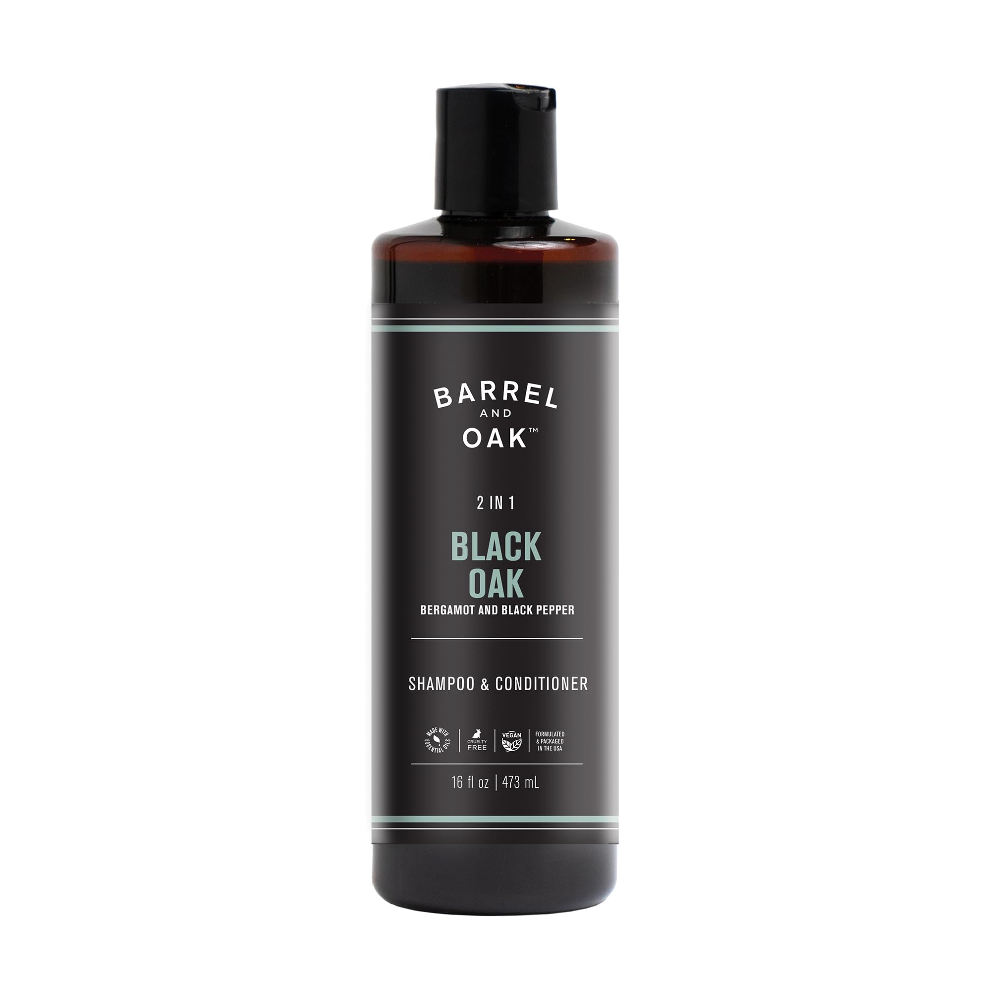 Barrel & Oak 2-in-1 shampoo bottle front, vegan formula for daily hair and scalp cleansing.