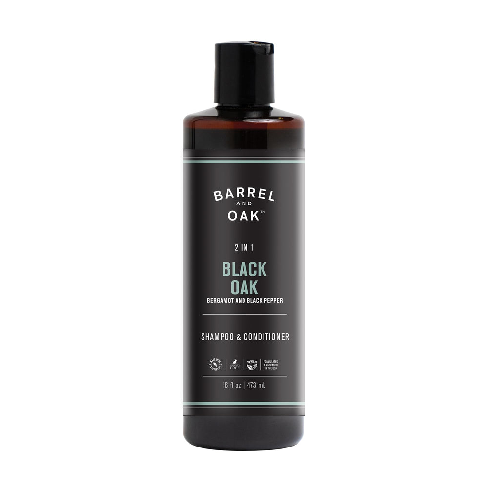 Barrel & Oak 2-in-1 shampoo bottle front, vegan formula for daily hair and scalp cleansing.