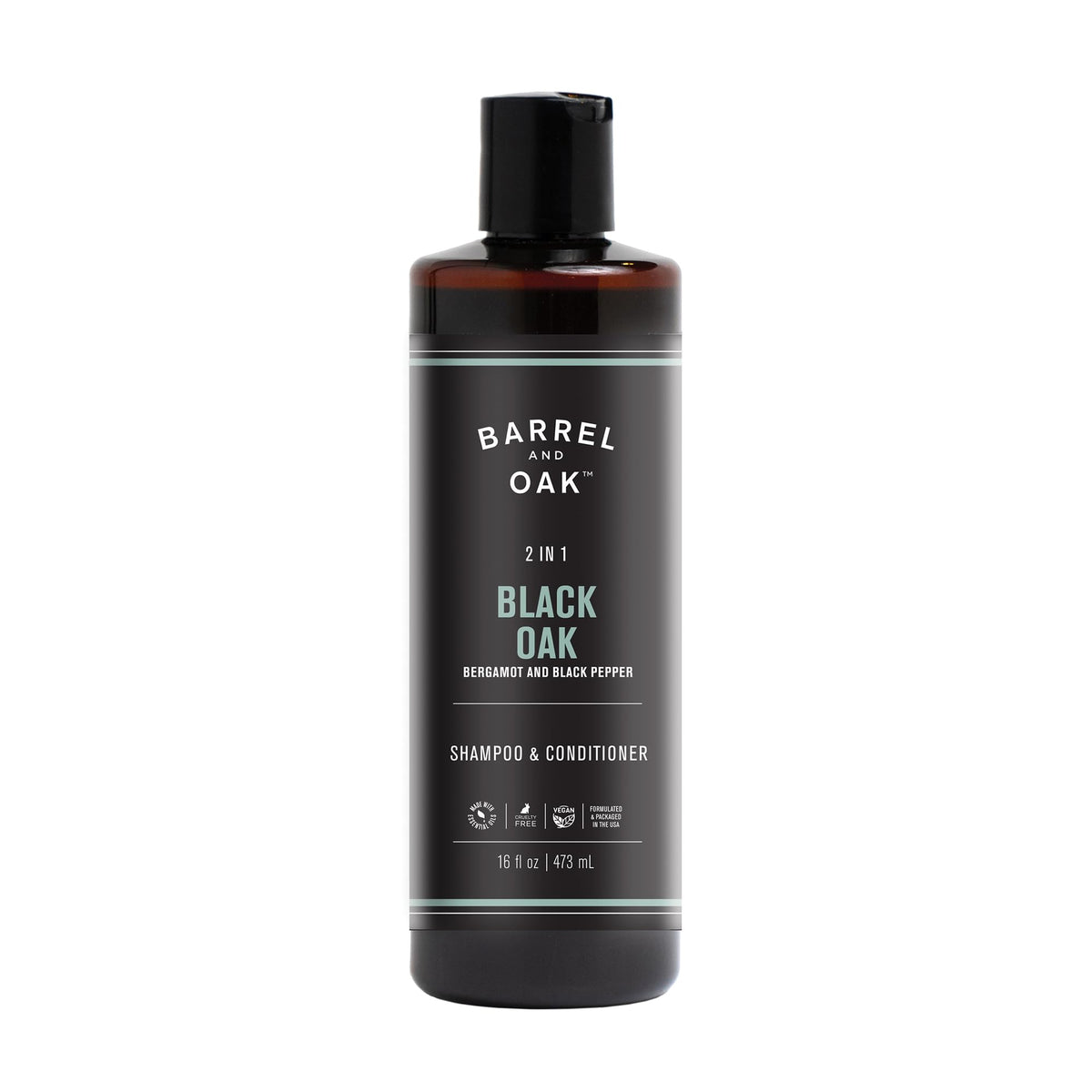 Barrel & Oak 2-in-1 shampoo bottle front, vegan formula for daily hair and scalp cleansing.